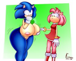 2019 2girls :< amy_rose artist_signature ass big_ass big_breasts blue_fur breasts chaos_emerald dated exposed_torso female footwear gem genderswap genderswap_(mtf) handwear hedgehog hips humanoid large_hips mtf_transformation multiple_girls nipples pink_fur rule_63 sega shocked signature smotrilla sonic_(series) sonic_the_hedgehog sonic_the_hedgehog_(series) sonique_the_hedgehog surprised thick_thighs thighs