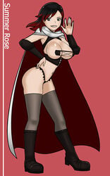 boots bottomless breasts cape casual chestless clothing female footwear handwear human mostly_nude rwby saberrung skimpy_clothes smile summer_rose thighhighs thong two_tone_hair vagina