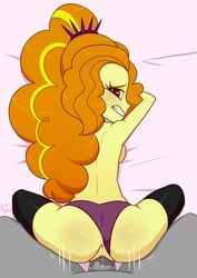 1boy 1girls adagio_dazzle anon anonymous ass bed clenched_teeth colored_hair equestria_girls faceless_male friendship_is_magic hasbro heart-shaped_pupils highres long_hair looking_at_viewer looking_back my_little_pony notenoughapples on_bed panties_aside ponytail pussy_juice red_hair spread_legs straight thighhighs vaginal vaginal_penetration