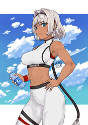 1girls abs absurdres bangs bare_shoulders blue_eyes blue_sky bottle breasts caenis_(fate) closed_mouth dark_skin fate/grand_order fate_(series) hair_intakes hairband hand_on_hip highres jahe_terbang large_breasts long_hair looking_at_viewer midriff navel pants ponytail sky sports_bra sportswear thighs very_long_hair water_bottle white_hair white_pants white_sports_bra yoga_pants