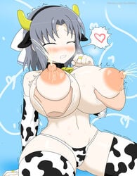 big_breasts blue_eyes breast_grab breast_squeeze cow_ears cow_girl cow_horns cow_print grey_hair hair_ribbon lactating lactation milk milking senran_kagura senran_kagura_(series) senran_kagura_shinovi_versus soulkibble thick_thighs yumi_(senran_kagura)