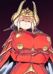 1girls alternate_breast_size angry blonde_hair blue_eyes braid breasts breasts_bigger_than_head cape crown double_bun edelgard_von_hresvelg female fire_emblem fire_emblem:_three_houses fire_emblem_heroes hair_ornament highres horns huge_breasts jacket jewelry large_breasts long_hair looking_at_viewer looking_down nintendo older post-timeskip simple_background solo tibonobannsann white_hair