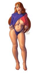 1girls abdomen adventures_of_sonic_the_hedgehog archie_comics bikini_bottom blue_eyes breasts circlet cleavage clothed clothing cropped_hoodie edie_crop_hoodie female female_only forehead_jewel ginger ginger_hair hair_over_one_eye highres huge_breasts katella katella_the_huntress lipstick long_hair meme_attire no_bra orange_hair panties red_hair redhead sci-fi science_fiction scifi sega solo solo_female sonic_(series) sonic_the_hedgehog_(archie) steve_cruz_meza thick thick_thighs toenail_polish toes underboob