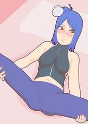 1girls ass bare_shoulders blue_hair blush breasts cameltoe clothed_female clothing embarrassed erect_nipples erect_nipples_under_clothes eyeshadow female female_only flower hair_ornament konan leggings long_hair looking_aside lying makeup nail_polish naruto naruto_(series) naruto_shippuden navel_piercing nipples pastryboy piercing pussy see-through side_bun sleeveless sleeveless_shirt solo spread_legs thick_thighs tied_hair vagina