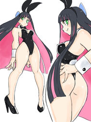 1girls ass black_hair bunny_ears bunny_tail bunnysuit detached_collar female female_only green_eyes hair_ribbon heels high_heels long_hair neck_ribbon panty_&_stocking_with_garterbelt pink_hair slim_girl smiling solo solo_female stocking_anarchy toshinoshin00 two_tone_hair very_high_resolution white_background wrist_cuffs