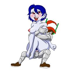 1boy a.k.o antennae blue_hair cave_story drooling earrings female hat headset interspecies lifting_person misery_(cave_story) naked nude penis pubic_hair purple_skin quote_(cave_story) red_eyes robot shoes simple_background smile squeezing_breast vaginal_penetration