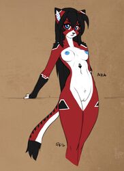 2016 android anthro ara_(fluff-kevlar) biped black_body black_fur black_hair blue_eyes blue_nipples breasts brown_background crotch_tuft digital_media_(artwork) dipstick_tail domestic_cat felid feline felis female fluff-kevlar fur furry hair leaning long_hair looking_at_viewer machine mammal markings medium_breasts multicolored_body multicolored_fur multicolored_tail naked nipples pussy red_body red_fur robot skimpy solo standing tail_markings tuft white_body white_fur