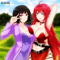 2girls bangs black_hair blush bra breasts choker eyebrows_visible_through_hair eyeshadow female female_only fesforia_meilorei grass green_eyes grin highres hugging lipstick logo long_hair multiple_girls original original_characters red_eyes red_hair robe sacredcourage serenity_addlebeen short_hair skirt smile standing teeth the_legendary_tauran'creima the_legendary_tauran'creima:_star_beings_of_the_universe