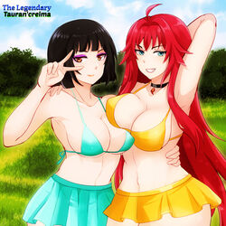 2girls bangs black_hair blush bra breasts choker eyebrows_visible_through_hair eyeshadow female female_only fesforia_meilorei grass green_eyes grin highres hugging lipstick logo long_hair multiple_girls original original_characters red_eyes red_hair sacredcourage serenity_addlebeen short_hair skirt smile standing teeth the_legendary_tauran'creima the_legendary_tauran'creima:_star_beings_of_the_universe