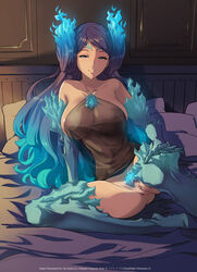 ale_(ale_halexxx) backless_outfit big_breasts boots breasts brighid_(xenoblade) core_crystal elemental_humanoid fire gloves hair hairbuns halexxx half-closed_eyes large_breasts navel nintendo on_bed pubic_hair purple_eyes purple_hair see-through smiling spread_legs vagina very_long_hair visible_nipples visible_pussy xenoblade_(series) xenoblade_chronicles_2