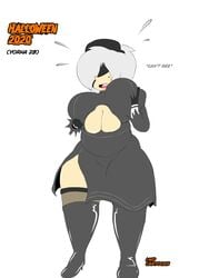 1girls big_belly big_breasts breast_grab breast_squeeze breast_squish breasts chubby cleavage cleavage_cutout cleavage_overflow clothed cosplay dress fat female female_only fully_clothed halloween halloween_costume heels huge_breasts human human_only large_breasts lipstick lwd_cartoonz nier:_automata original_character overweight slightly_chubby thick_legs thick_thighs unknown_(lwd_cartoonz) white_hair yorha_2b_(cosplay)