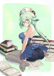 1girls cat_ears engineer_kim genshin_impact glasses green_hair hat looking_back on_ground orange_eyes shorts skirt stockings subjective sucrose_(genshin_impact) tight_clothing wariza