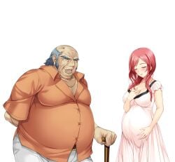 1boy 1girls 2d 2d_(artwork) alice_soft arima_shiori belt_buckle big_breasts blue_eyes cane cg closed_eyes couple couple_love duo fat_man father-in-law_and_daughter-in-law hands_behind_back hands_together happy heartful_maman highres kinosaki_juuzo lips lipstick looking_at_viewer maternity_dress milf mother necklace old_man onigirikun orange_shirt photoshop pregnant red_hair smile standing tagme thighs transparent_background white_pants