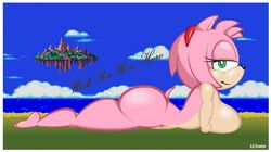 1girls amy_rose angel_island anthro ass breasts bubble_butt female green_eyes headband laying_down lil_scooter56 pink_body postcard sega solo sonic_(series) text thick_thighs