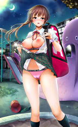 :d backpack bag bangs blush bra bra_pull breasts brown_hair doumou exhibitionism female floating_hair grey_eyes half-closed_eyes highres large_breasts long_hair looking_at_viewer neck_ribbon night nipples open_clothes open_mouth open_shirt original outdoors panties pink_bra pink_panties playground public_nudity ribbon school_uniform short_sleeves sidelocks skirt skirt_lift smile socks solo standing sweat sweatband underwear