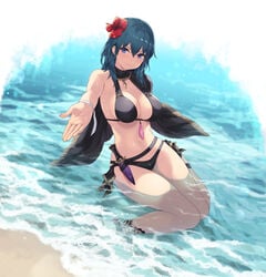 belt bikini black_bikini black_footwear black_swimsuit blue_eyes breasts byleth_(fire_emblem) byleth_(fire_emblem)_(female) byleth_(summer)_(fire_emblem)_(female) cait cait_aron cleavage commentary female female_only fire_emblem fire_emblem:_three_houses fire_emblem_heroes flower green_hair hair_flower hair_ornament hibiscus highres jewelry knife knife_holster knife_sheath large_breasts looking_at_viewer medium_hair navel necklace nintendo outstretched_hand partially_submerged reaching_out sandals shawl sitting solo solo_female swimsuit wading wariza water