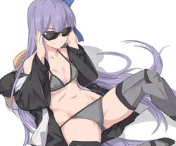 1girls adjusting_eyewear adjusting_glasses animal_hood bangs bare_shoulders bikini black_jacket blue_bow blue_eyes blush bow breasts closed_mouth collarbone eyewear fate/grand_order fate_(series) female greaves grey_bikini hood hood_down hood_up jacket long_hair long_sleeves looking_at_viewer looking_over_eyewear looking_over_glasses meltryllis meltryllis_(swimsuit_lancer)_(fate) navel off_shoulder open_clothes open_jacket penguin_hood plain_background prosthesis prosthetic_leg purple_hair shiseki_hirame simple_background sitting sleeves_past_fingers sleeves_past_wrists small_breasts smile sunglasses swimsuit tagme thighs tinted_eyewear very_long_hair white_background