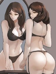 1girls ass bangs big_ass bra breasts brown_hair butt_crack cleavage cowboy_shot curvy curvy_figure dorothea_arnault eyelashes female female_focus female_only fire_emblem fire_emblem:_three_houses garter_belt garter_straps green_eyes grey_background highres large_breasts lips long_hair looking_back makeup mirror mirror_image nintendo original panties parted_bangs reflection smile solo standing tagme the_kingduke thong tommietomm twitter_username underwear wide_hips