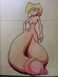 1futa blonde_hair blue_nails flaccid_penis futa_only futanari gigantic_penis hyper_balls hyper_penis looking_at_viewer lori_loud s3_studios solo solo_futa the_loud_house traditional_art traditional_media traditional_media_(artwork) very_long_penis