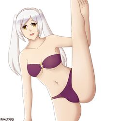 1girls big_breasts bikini fire_emblem fire_emblem_awakening fire_emblem_heroes long_hair looking_at_viewer nintendo o-ring_bikini purple_bikini purple_swimsuit robin_(female)_(summer)_(fire_emblem) robin_(fire_emblem) robin_(fire_emblem)_(female) rukotaro smile solo solo_female splits standing standing_on_one_leg stretching swimsuit twintails underboob vertical_splits white_hair yellow_eyes