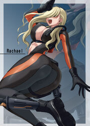 1girls bodysuit character_name female female_focus female_only firearm footwear gloves hair_over_eyes handgun handwear jpeg jumping large_ass large_breasts minarai_zouhyou pose rachel_foley resident_evil resident_evil_revelations smile solo weapon wetsuit