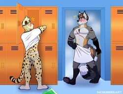 blush cheetah fur furry gay jockstrap locker_room male male_only mammal mcnubbies surprised towel wolf