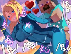 1boy 1girls ambiguous_penetration beauty_mark big_breasts blonde_hair blue_eyes blush blushing boris_(noborhys) breasts clenched_teeth cum cum_inside female from_behind from_behind_position gritted_teeth long_hair male metroid minecraft mole mole_under_mouth navel nintendo nipple_outline pixel ponytail pussy samus_aran sex steve_(minecraft) straight super_smash_bros. super_smash_bros._ultimate sweat sweatdrop teeth_clenched vaginal_penetration zero_suit zero_suit_samus