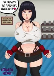 1girls belt big_breasts blue_hair bob_cut boruto:_naruto_next_generations busty cleavage clothed clothing crop_top dialogue english_text female female_only final_fantasy final_fantasy_vii fingerless_gloves fully_clothed g-string gloves hinata-hime hyuuga_hinata large_breasts legwear lipstick looking_at_viewer mature mature_female microskirt milf miniskirt naruto naruto_(series) panties pink_lips pink_lipstick pose posing purple_eyes purple_panties purple_thong short_hair short_skirt skirt solo solo_female solo_focus speech_bubble standing stockings tank_top text thighhighs thong tifa_lockhart tifa_lockhart_(cosplay) violet_eyes