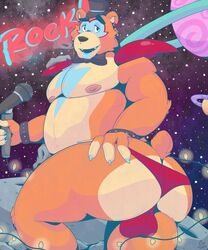 2020 anthro ass ass_focus asteroid balls balls_outline bara_ass big_ass big_ass_(male) big_chest big_pecs big_pectorals bow_tie bracelet bubble_ass bubble_butt butt chest claws clothing detailed_background digital_media_(artwork) english_text five_nights_at_freddy's five_nights_at_freddy's:_security_breach fur gay genital_outline genitals glamrock_freddy_(fnaf) hat headgear headwear hi_res holding_object jewelry looking_at_viewer looking_back male male_only mammal microphone mostly_nude multicolored_body muscular muscular_anthro muscular_ass muscular_butt muscular_male nipples open_mouth pecs pectorals piercing planet presenting presenting_hindquarters smile solo solo_male space text thecaptainteddy top_hat ursid video_games