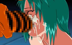 1girls 1monster 90s animated anri_(viper) censored closed_eyes cum cum_drip cum_explosion cum_in_mouth cum_inside cum_on_face cum_on_hair cum_string cumshot dokubachi-donar ejaculation eyebrows_visible_through_hair facial female game_cg green_eyes green_hair head_grab indoors insectophilia insects interspecies looking_at_penis monster nude open_mouth penis penis_grab rape sogna teeth tongue viper_(series) viper_f50 wasp_humanoid