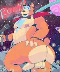 2020 anthro anus ass ass_focus asteroid balls bara_ass big_ass big_ass_(male) big_chest big_pecs big_pectorals bow_tie bracelet bubble_ass bubble_butt butt chest claws clothing detailed_background digital_media_(artwork) english_text five_nights_at_freddy's five_nights_at_freddy's:_security_breach fur gay genitals glamrock_freddy_(fnaf) hat headgear headwear hi_res holding_object jewelry looking_at_viewer looking_back male male_only mammal microphone mostly_nude multicolored_body muscular muscular_anthro muscular_ass muscular_butt muscular_male nipples open_mouth pecs pectorals penis piercing planet presenting presenting_hindquarters smile solo solo_male space text thecaptainteddy top_hat ursid video_games