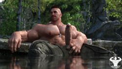 3d bara biceps big_penis chest_hair cum dazswole looking_at_viewer male male_only muscle muscles muscular muscular_male nipples outdoors partially_clothed pecs penis penis_grab solo watermark