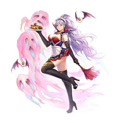 alternate_costume artsunisiju black_gloves breasts choker cleavage closed_mouth commission elbow_gloves female fire_emblem fire_emblem:_genealogy_of_the_holy_war fire_emblem_heroes food full_body gloves halloween halloween_costume high_heels highres holding ishtar_(fire_emblem) large_breasts long_hair maid maid_headdress monster pie plate ponytail purple_eyes purple_hair simple_background solo thighhighs white_background zettai_ryouiki