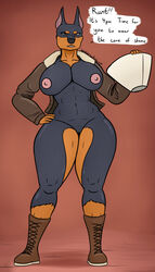 alpha_(up) anthro anthrofied big_breasts black_body black_fur breasts canid canine canis clothed clothing curvy_figure digital_media_(artwork) disney dobermann domestic_dog english_text female fur genitals hi_res looking_at_viewer mammal muscular muscular_anthro muscular_female nipples nude open_mouth orange_body orange_fur oystercatcher7 pink_nipples pinscher pixar pussy simple_background solo text thick_thighs up_(film) voluptuous wide_hips