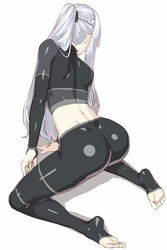 ak-12_(girls'_frontline) ass back bangs black_pants black_shirt blush braid breasts feet female french_braid girls'_frontline kageshio_(276006) kneeling large_breasts long_hair long_sleeves midriff pants ponytail shiny shiny_clothes shirt sidelocks silver_hair simple_background smile tight tight_pants toes white_background