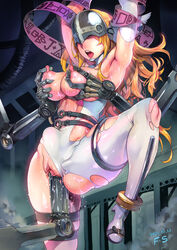 angel angewomon bdsm bodily_fluids breast_grab breasts clitoris digimon digimon_(species) duo f.s. female femsub genital_fluids genitals hand_on_breast hi_res humanoid male nipples pussy robotic_arm sex sex_machine stomach_bulge straight