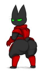 angry anthro backsack balls black_body black_fur blush cape cartoon_network clothing digitigrade domestic_cat felid feline felis fur genitals green_eyes hi_res locitony looking_at_viewer looking_back male male_only mammal mao_mao:_heroes_of_pure_heart red_clothing sheriff_mao_mao_mao solo stubby_tail