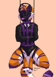 0600hours 2020 anthro biped blindfold bondage bound bulge claws collar dipstick_tail felid fur glistening headphones hi_res kinktober kinktober_2020 male mammal markings multicolored_body multicolored_fur multicolored_tail muzzle_(object) muzzled orange_body orange_fur pantherine pink_nose purple_body purple_fur redfeatherstorm rubber sensory_deprivation simple_background solo straitjacket submissive submissive_male suspension tiger toe_claws toes white_body white_fur