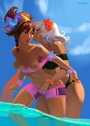 2girls boshke brown_hair dark_skin fingering fingering_from_behind fingering_under_clothes flower forced forced_presentation hand_on_ass hand_on_breast latina league_of_legends licking lifted_shirt multiple_girls ocean pool_party_series pool_party_taliyah qiyana_yunalai shorts small_breasts taliyah water white_hair yuri