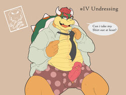 anthro bottomwear bowser camsan_r_s clothing english_text hi_res kinktober kinktober_2020 koopa looking_at_viewer male male/male male_only mario_(series) necktie nintendo overweight piercing pubes scalie shorts slightly_chubby solo text undressing video_games