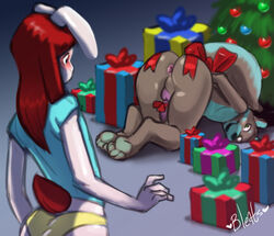 2016 accessory anthro anus arms_bound ass ass_up balls bleats blush bound christmas christmas_tree colored_sketch digital_media_(artwork) duo erection genitals girly hi_res holidays huggles kneeling lagomorph leporid looking_at_genitalia looking_at_penis looking_back male male/male mammal mustela mustelid musteline penis penis_accessory penis_bow penis_ribbon penis_tuck presenting presenting_hindquarters rabbit ribbons smile standing tree uniball