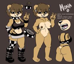 anthro ass boots bottomwear breasts brown_bear brown_body brown_fur brown_hair brown_nipples cleavage clothed clothing collar crop_top female footwear front_view full-length_portrait fur genitals gesture goth grin grizzly_bear hair legwear looking_at_viewer mammal model_sheet mona_(senorkah) nipples off/on portrait pussy senorkah sharp_teeth shirt skirt smile socks solo spiked_collar spikes standing teeth text thigh_highs thigh_socks topwear ursid ursine v_sign