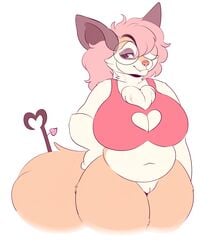 absurd_res anthro big_breasts braixen breasts clothing eyewear female genitals glasses hair hi_res navel nickit nintendo overweight overweight_anthro overweight_female pink_hair pokémon_(species) pokemon pokemon_(species) pussy simple_background solo thick_thighs video_games vixentine white_background