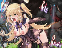 abs aqua_eyes arm_grab bandages blonde_hair blush bow breasts censored cum cum_on_body female fischl_(genshin_impact) fishnets from_behind garter_straps genshin_impact green_eyes hair_ornament hairbow heterochromia hilichurls_(species) mask mitachurl monster multiple_boys muscle open_mouth pantyhose prison_guard_position rape sex size_difference stomach_bulge straight tonchinkan torn_clothes torn_legwear