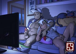 1boy 1girls 2010s baseball_cap breasts burnet_(pokemon) couch couple covered_nipples curvaceous dark-skinned_female dark-skinned_male dark_skin female fingering folo hat human husband_and_wife indoors kukui_(pokemon) labcoat large_breasts litten long_hair masturbation night nintendo pants pants_pull penis pillow pokemon pokemon_professor pokemon_sm pubic_hair pussy sleeping smile television white_hair window