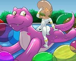 absurd_res animate_inanimate balloon balls beowulf100 dinosaur genitals hi_res inflatable living_inflatable looking_aside looking_back penis plant pool_(disambiguation) pool_toy reptile scalie shrub water zoran