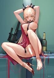 1girls anklet barefoot blonde blonde_hair blush blushing blushing_at_viewer bondage breasts breasts_out collar crying crying_with_eyes_open drunk exposed_anus exposed_ass exposed_nipples exposed_pussy girls'_frontline gun handcuffed handcuffs hands_above_head hands_over_head heels high_heels kidnapped large_breasts legs_apart legs_up light_censor long_hair looking_at_viewer mouth_open nipple_piercing ots-14_(girls'_frontline) painted_nails painted_toenails pink_nipples red_dress scared sitting sniper very_long_hair westking wine wine_glass yellow_eyes