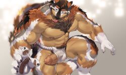 1boy abs absurdres animal_ears bara boogbogex brown_fur bulge chest chest_hair cum cum_string erection erection_under_clothes feet_out_of_frame fingernails foreskin fox_boy fox_ears fox_tail fundoshi furry highres japanese_clothes male_focus male_only muscle navel nipples orange_eyes orange_fur original penis precum sharp_fingernails short_hair sitting solo tail thick_thighs thighs tongue tongue_out underwear underwear_only whiskers white_fur