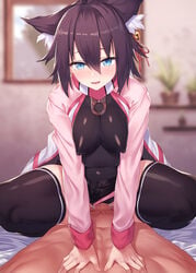 1boy absurdres bangs black_legwear blue_eyes blush bodysuit borrowed_character breasts clothed_female_nude_male clothed_sex cowgirl_position female hair_bell highres ibuki_notsu large_breasts long_sleeves looking_at_viewer open_mouth original papaya_tits pussy see-through_clothing sex short_hair smile straddling straight thighhighs transparent_clothing vaginal_penetration