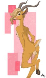 2017 antelope anthro anus ass backsack balls blonde_hair bodily_fluids bovid disney ftm_crossgender fur gazelle gazelle_(zootopia) genital_fluids genitals hair hair_over_eye half-closed_eyes hi_res hooves horn jabberwockychamber licking licking_lips licking_own_lips looking_back male mammal narrowed_eyes nude one_eye_obstructed one_leg_up penis precum raised_leg raised_tail rear_view rule_63 self_lick solo tan_body tan_fur tongue tongue_out zootopia